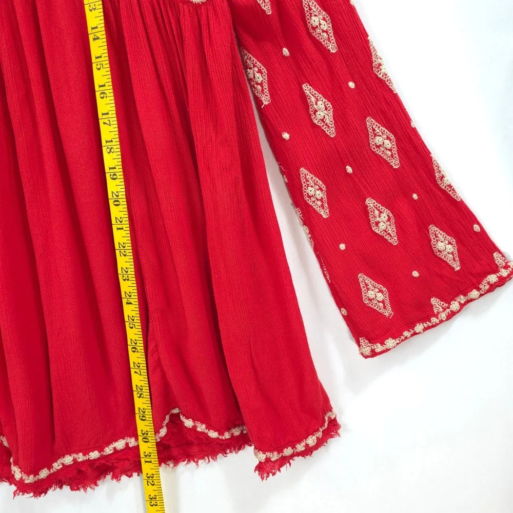 Free People Red Embroidered Boho Tunic Dress Mini Bell Sleeve S Babydoll Chic